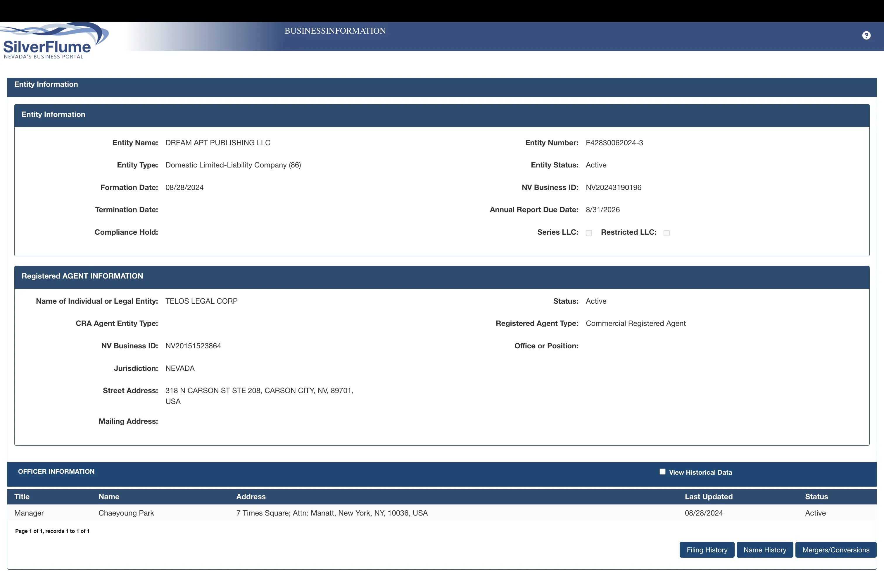 Screenshot of the business information for ROSÉ company Dream APT Publishing LLC, detailing the entity name, type, formation date, registered agent information, and officer details.