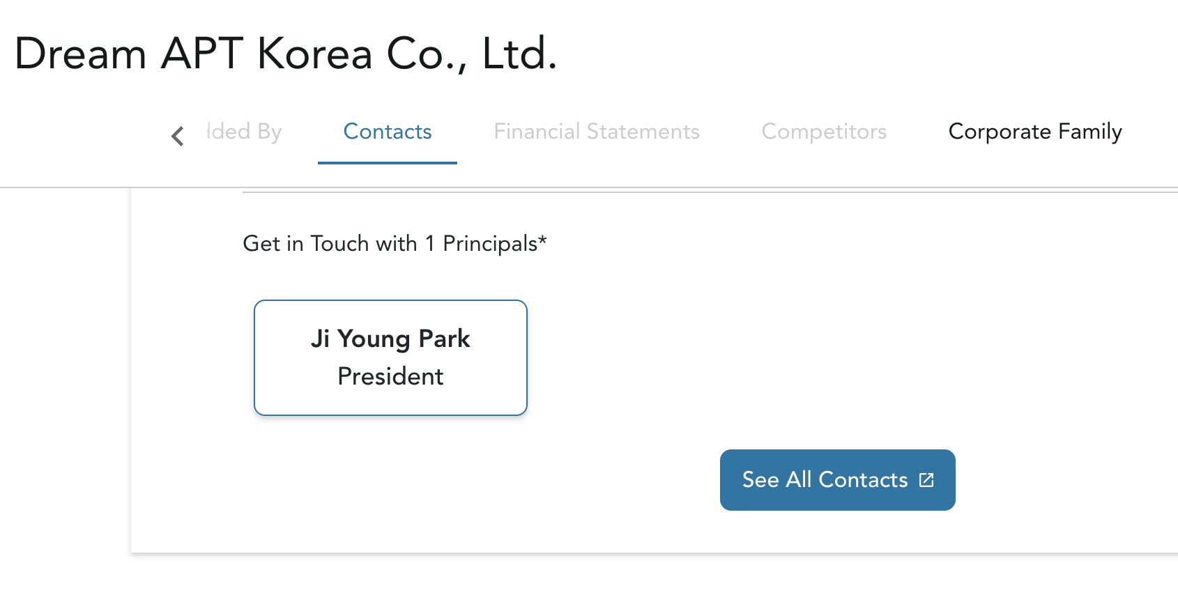 Screenshot ROSE Dream APT Korea Co., Ltd., featuring Ji Young Park as the president.