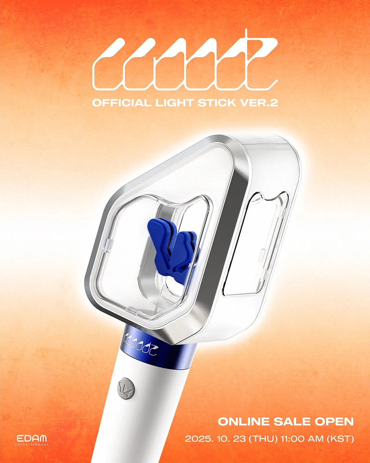 Promotional image of the official light stick version 2, featuring a transparent design with a blue accent. The background is a gradient of orange with text announcing the online sale opening on October 23, 2025, at 11:00 AM KST.