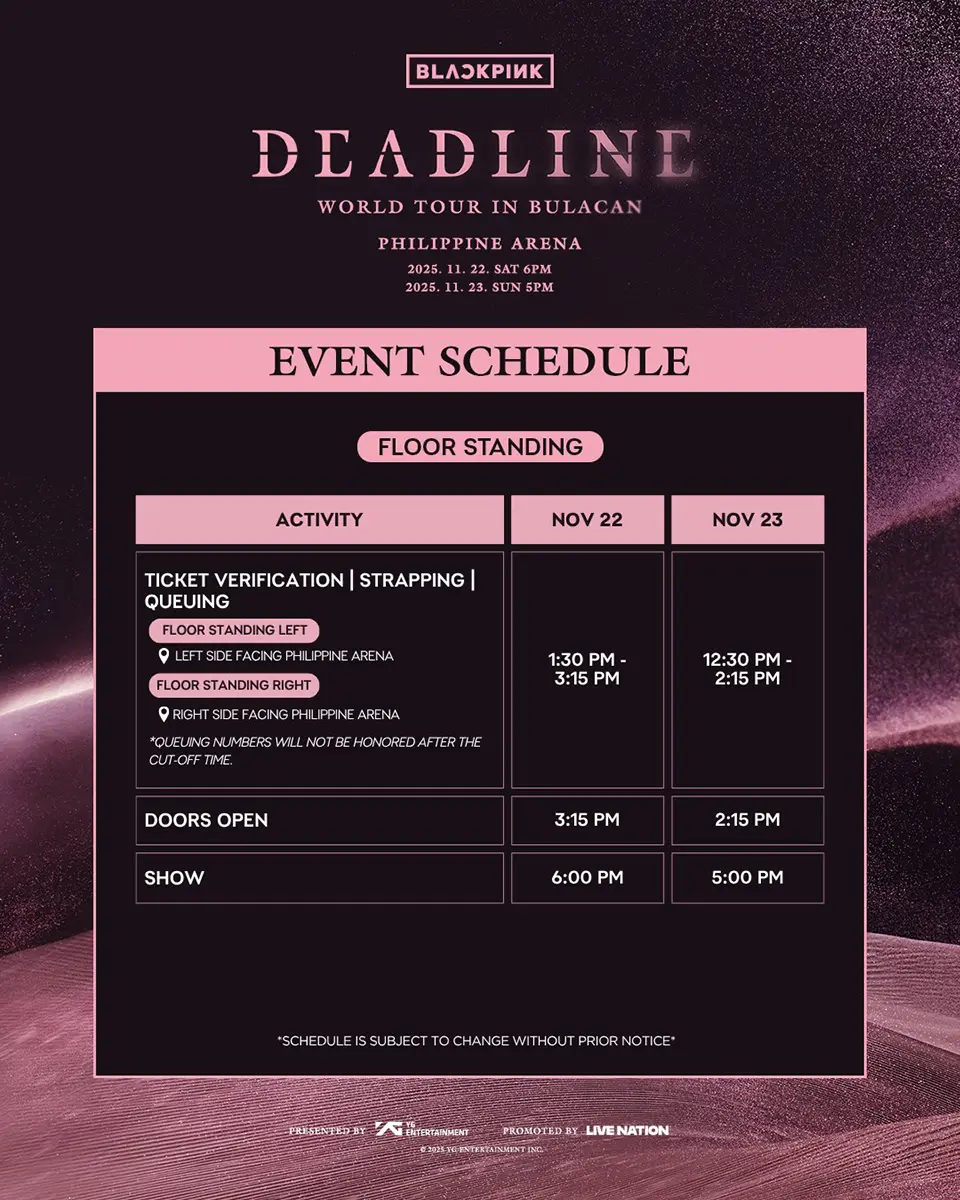 Event schedule for BLACKPINK's WORLD TOUR DEADLINE concert in Bulacan, Philippines, detailing activities on November 22 and 23, 2025.