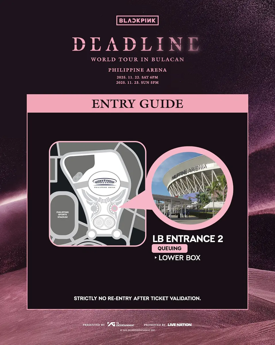 Graphic illustrating the entry guide for BLACKPINK's World Tour in Bulacan, featuring a map of the Philippine Arena and details about LB Entrance 2 for queuing access to the lower box.