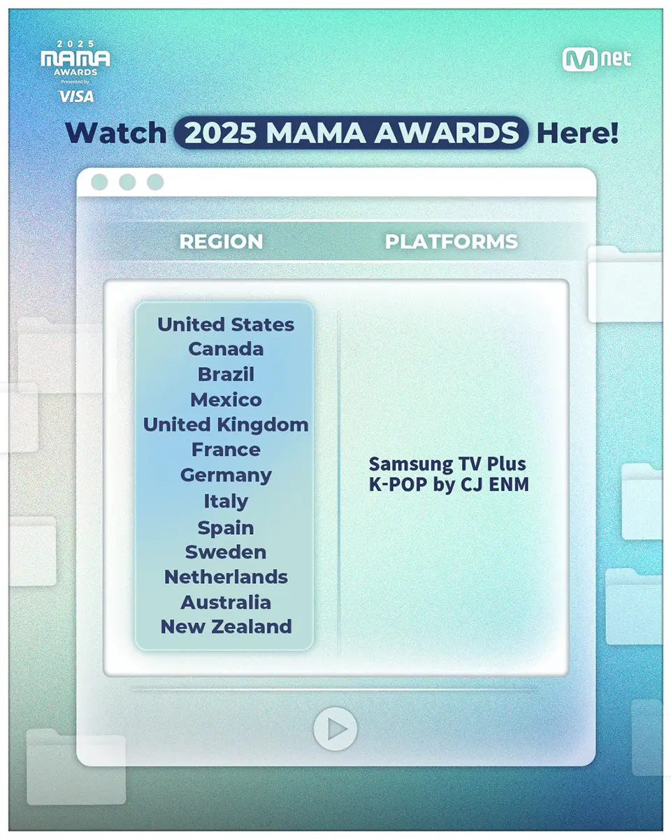 Graphic displaying the regions and platforms for streaming the 2025 MAMA Awards, including countries like the United States, Canada, Brazil, and more.