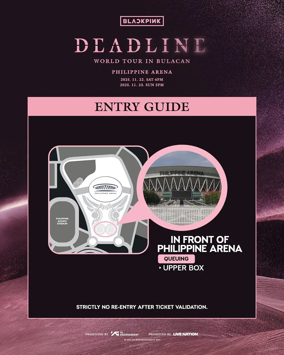 Entry guide for BLACKPINK WORLD TOUR in Bulacan, Philippines, showing the venue layout with a focus on the Philippine Arena and queuing instructions for the upper box area.