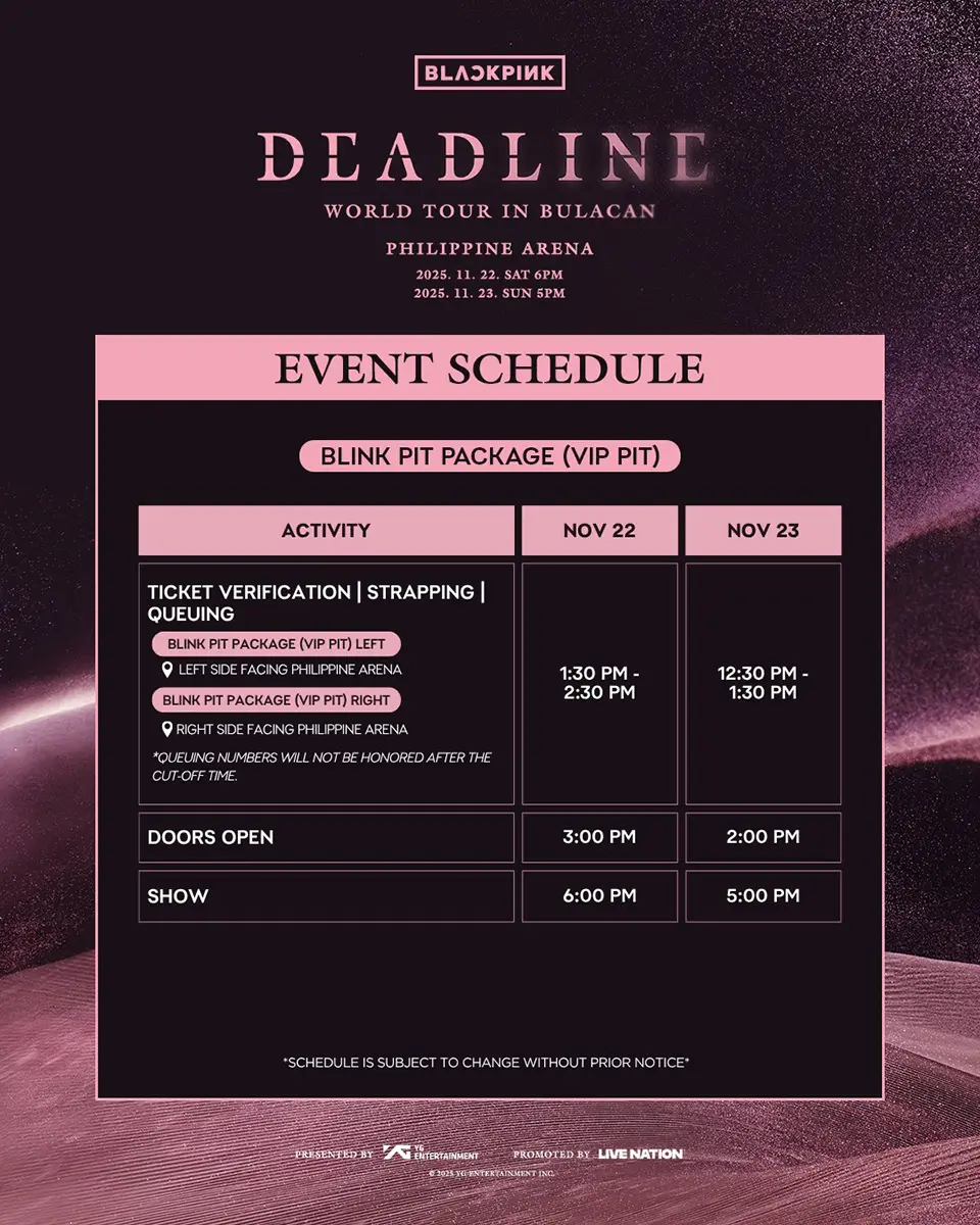 Event schedule for BLACKPINK World Tour in Bulacan, Philippines, highlighting ticket verification and showtimes for VIP pit package on November 22 and 23, 2025.
