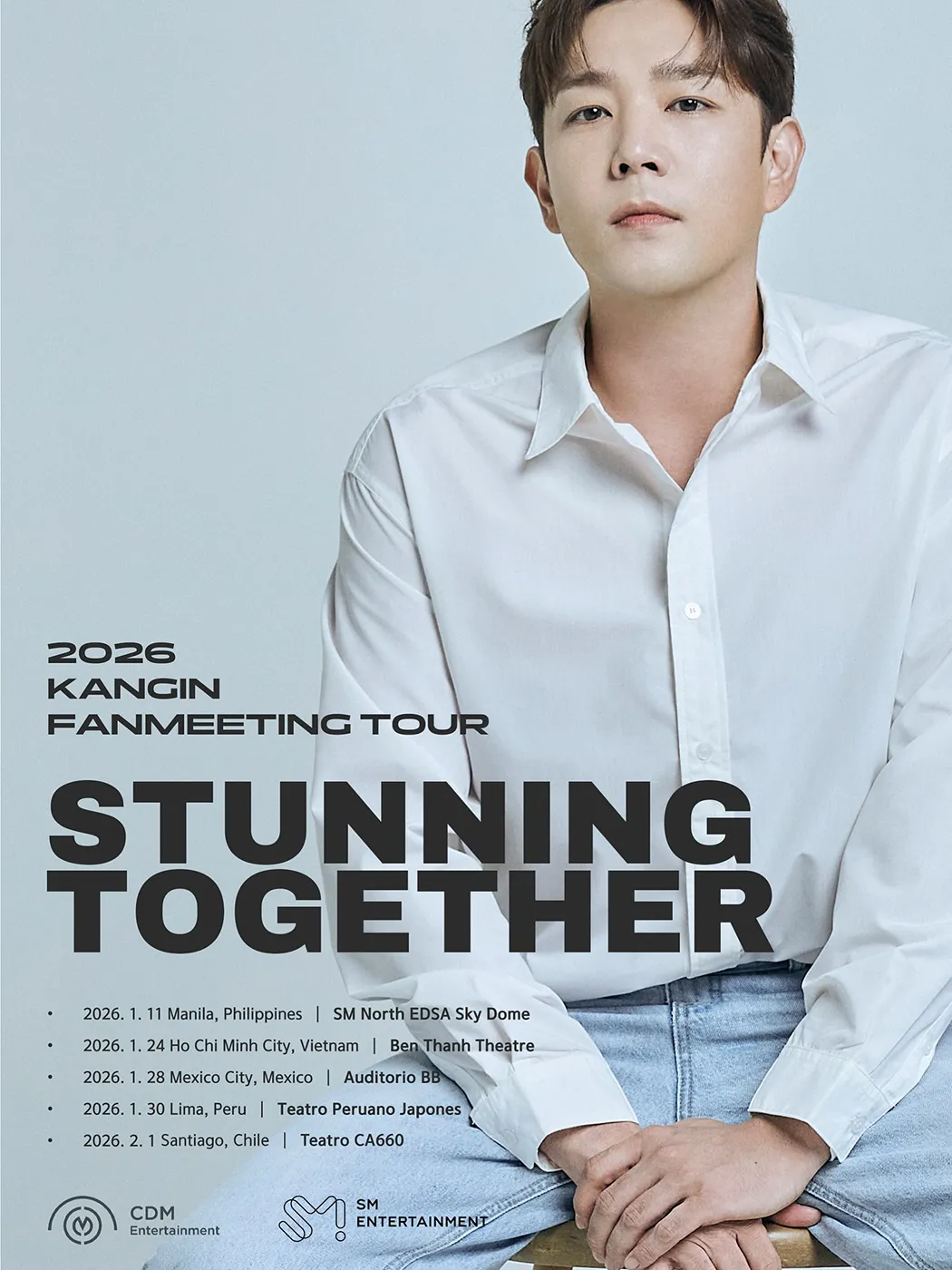 Promotional poster for the 2026 Kangin fan meeting tour titled 'Stunning Together', featuring event dates and locations.