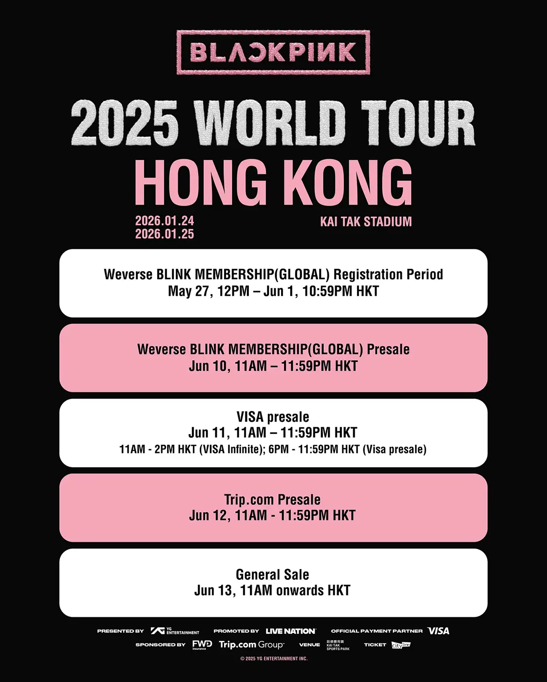 Promotional poster for BLACKPINK's 2025 World Tour in Hong Kong, featuring concert dates, venue information, and ticket sales schedule.