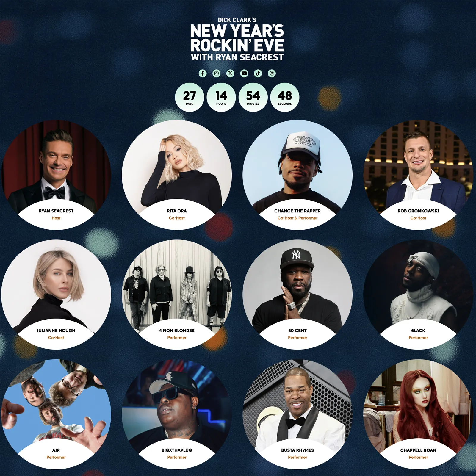 A promotional graphic for Dick Clark's New Year's Rockin' Eve with Ryan Seacrest, featuring circular images of the host Ryan Seacrest, co-hosts Rita Ora and Chance the Rapper, along with performers like 50 Cent, Busta Rhymes, and others. Also includes a countdown timer showing 27 days, 14 hours, 54 minutes, and 48 seconds until the event.