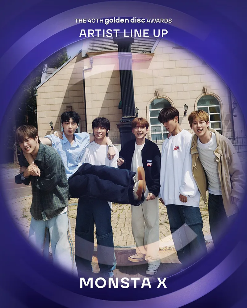 Group photo of the K-pop boy band MONSTA X for the 40th Golden Disc Awards, featuring members smiling and posing together outdoors.