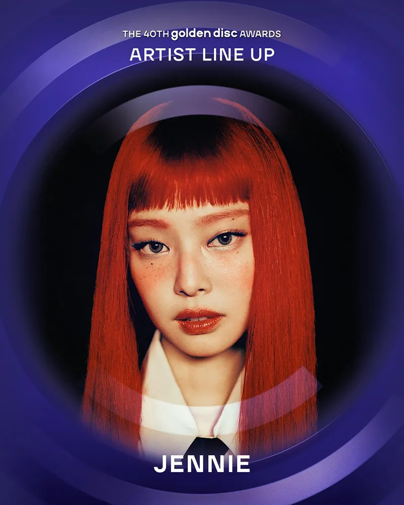 Event poster for the 40th Golden Disc Awards featuring an artist with red hair named JENNIE, set against a circular blue gradient background.