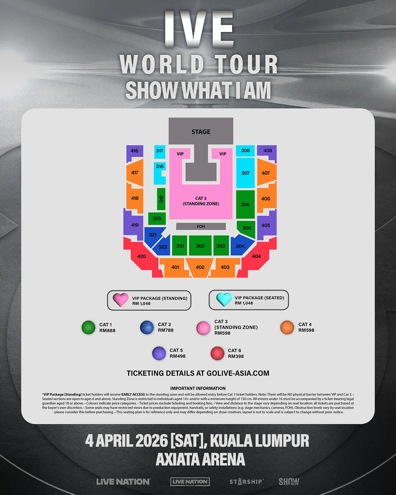 Seating plan for IVE's concert with layout and ticket categories for the event on April 4, 2026, at Axiata Arena, Kuala Lumpur.