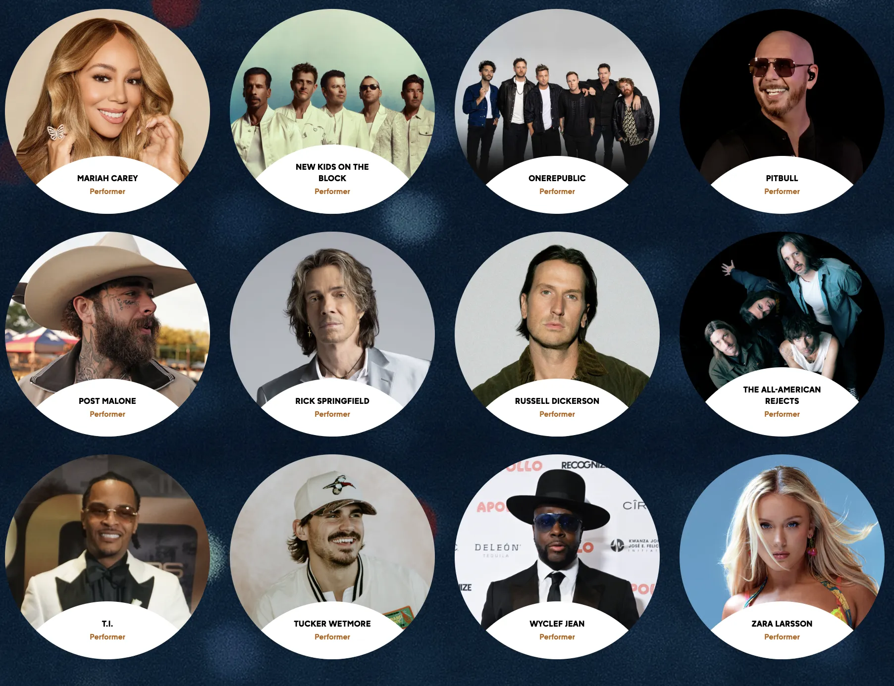 Collage of performers for Dick Clark's New Year's Rockin' Eve, including Mariah Carey, New Kids on the Block, OneRepublic, Pitbull, Post Malone, Rick Springfield, Russell Dickerson, The All-American Rejects, T.I., Tucker Wetmore, Wyclef Jean, and Zara Larsson.