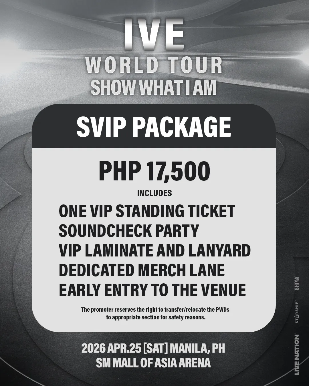 IVE World Tour Show What I Am VIP package ticket details, featuring event date, price, and included perks.