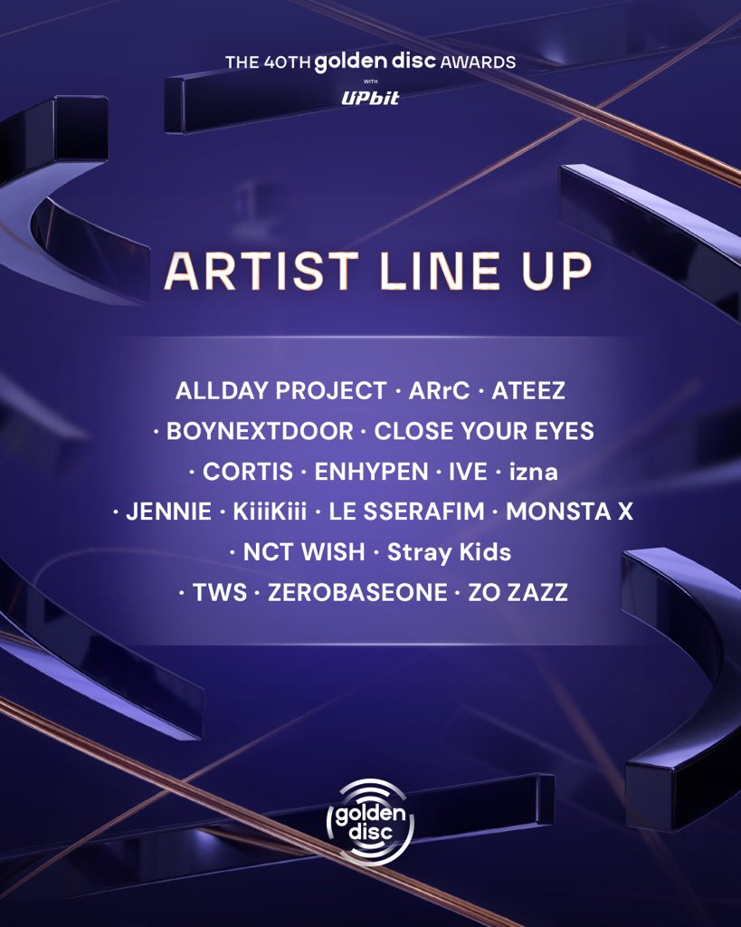 Event poster for the 40th Golden Disc Awards featuring the artist lineup including JENNIE, Stray Kids, MONSTA X, and others.