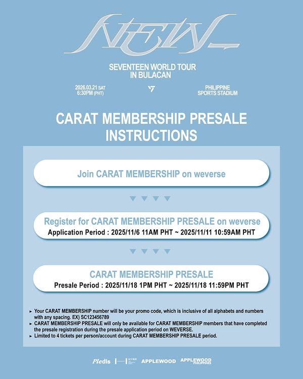 Promotional image for SEVENTEEN's world tour in Bulacan, featuring Carat Membership presale instructions, date, and registration details.