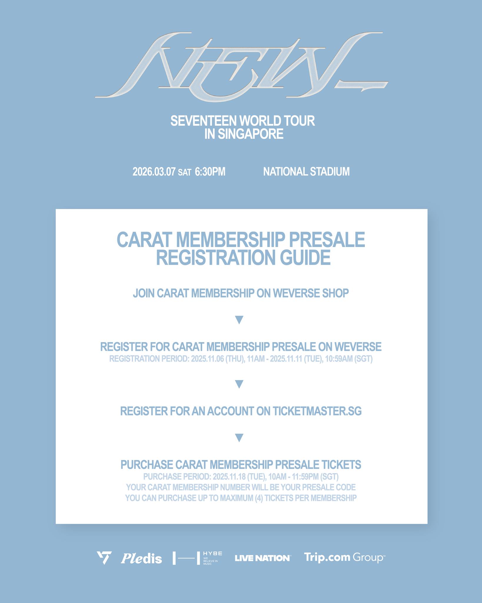 Promotional image for SEVENTEEN's World Tour in Singapore, detailing concert date, venue, and Carat membership presale registration guide.