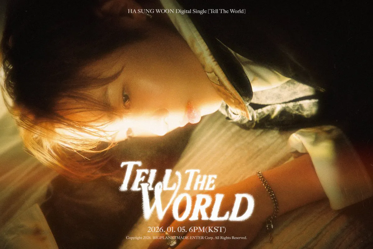 Teaser poster for HA SUNG WOON comeback 2026 with his digital single “Tell The World”, set to release on January 5, 2026