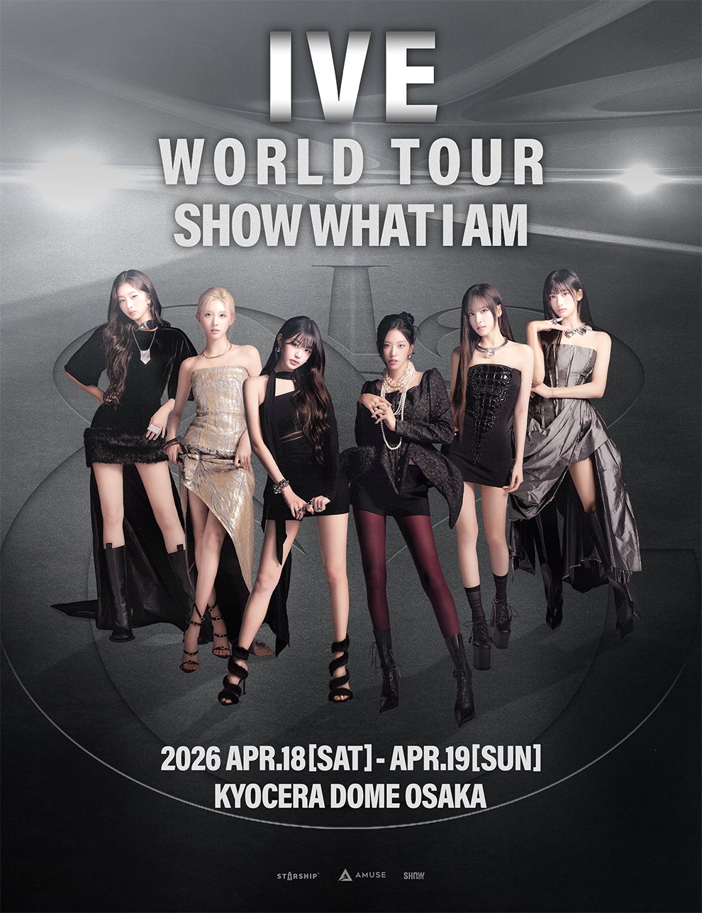 IVE World Tour 'Show What I Am' poster featuring the six members of the group in stylish outfits, with concert dates and venue information.