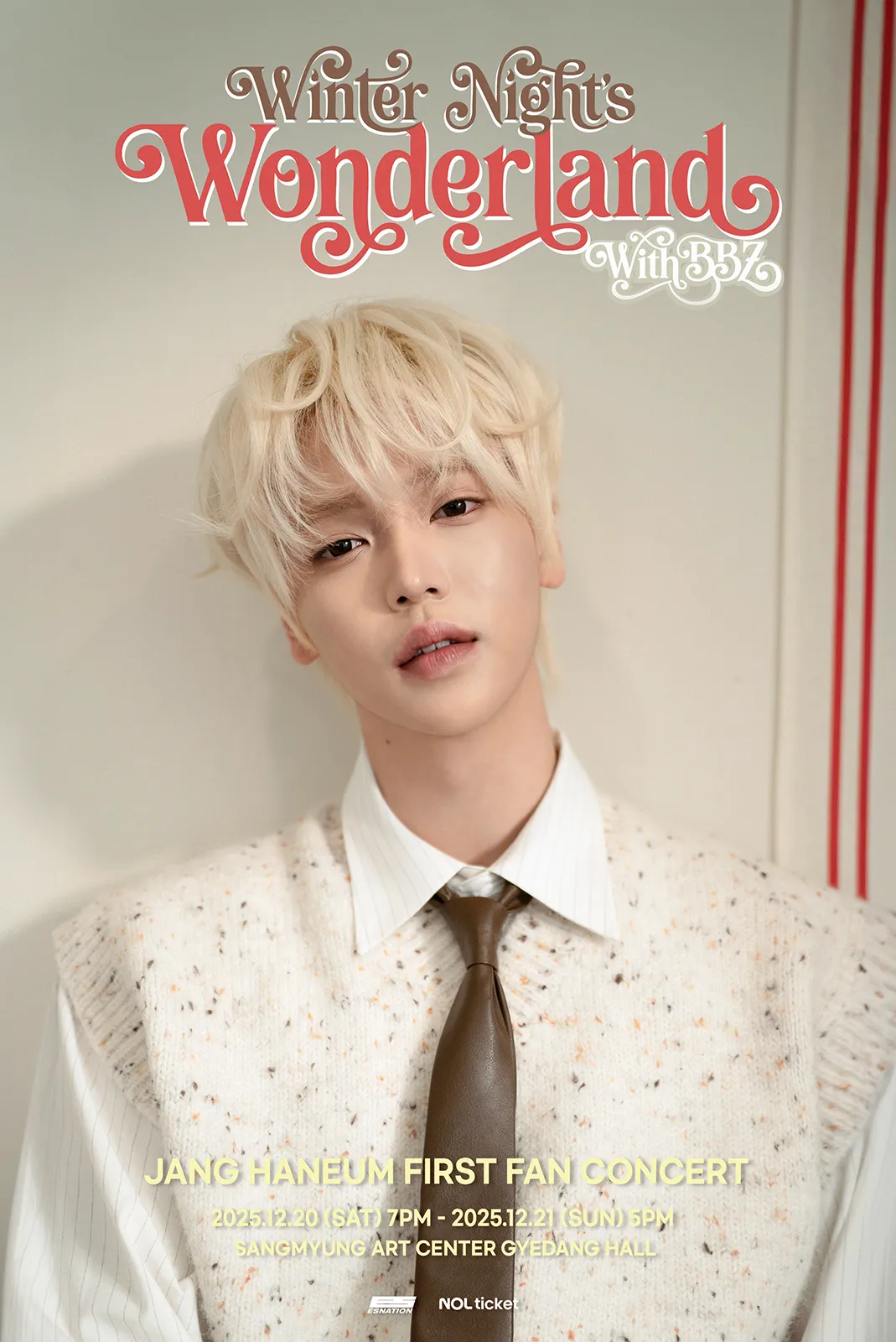 Event poster for Jang Haneum's first fan concert titled 'Winter Night's Wonderland' featuring a young man with light blonde hair, wearing a cream-colored sweater and a brown tie, set against a light background.