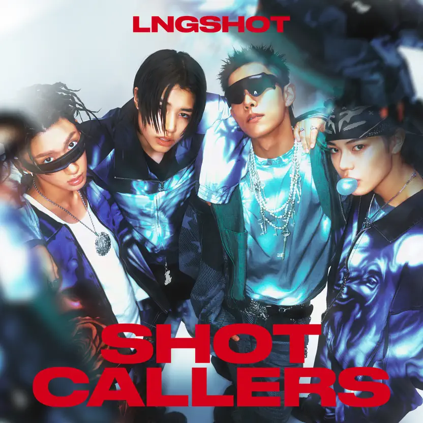 Four young men posing together in stylish outfits, featuring blue hues and accessories, with the text 'LNGSHOT SHOT CALLERS' prominently displayed.