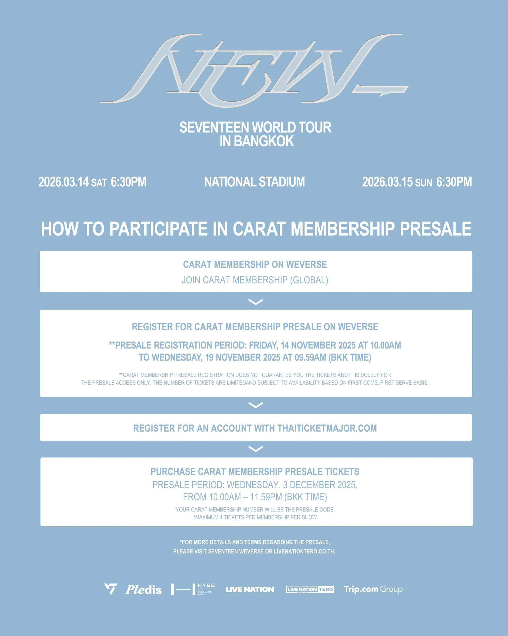 Promotional poster for SEVENTEEN's World Tour in Bangkok, detailing concert dates, venue information, and presale registration instructions.