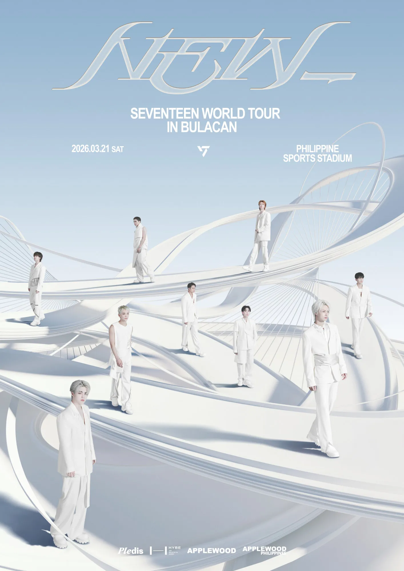 Promotional poster for Seventeen's World Tour in Bulacan, featuring the group in stylish white outfits against a minimalist, futuristic background.