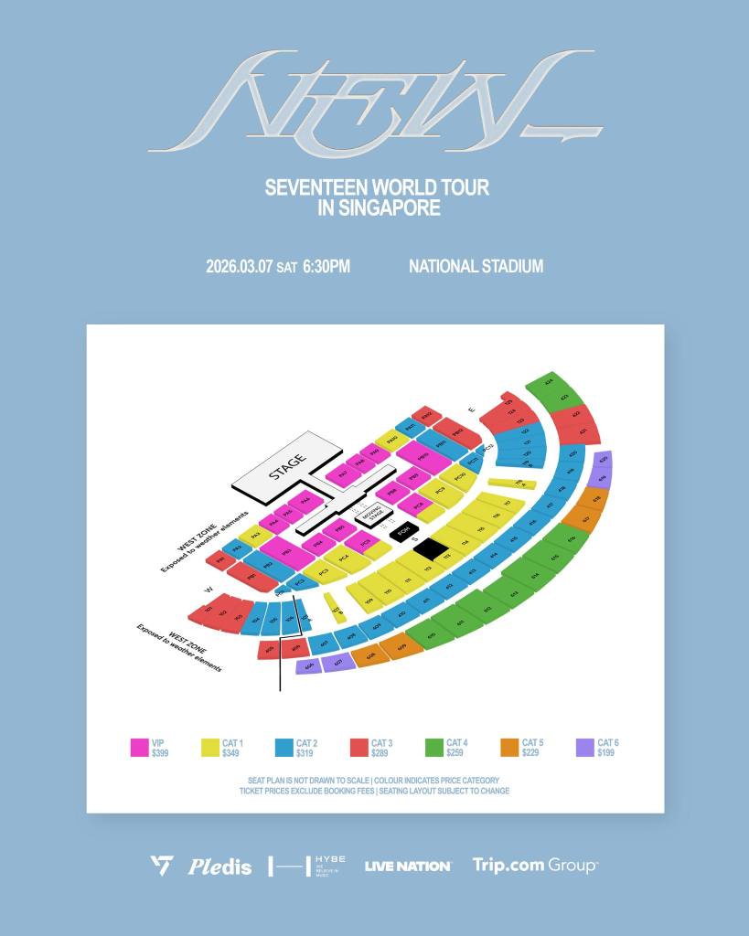 Seating plan for the SEVENTEEN World Tour concert in Singapore 2026, detailing ticket price categories and seating arrangements.