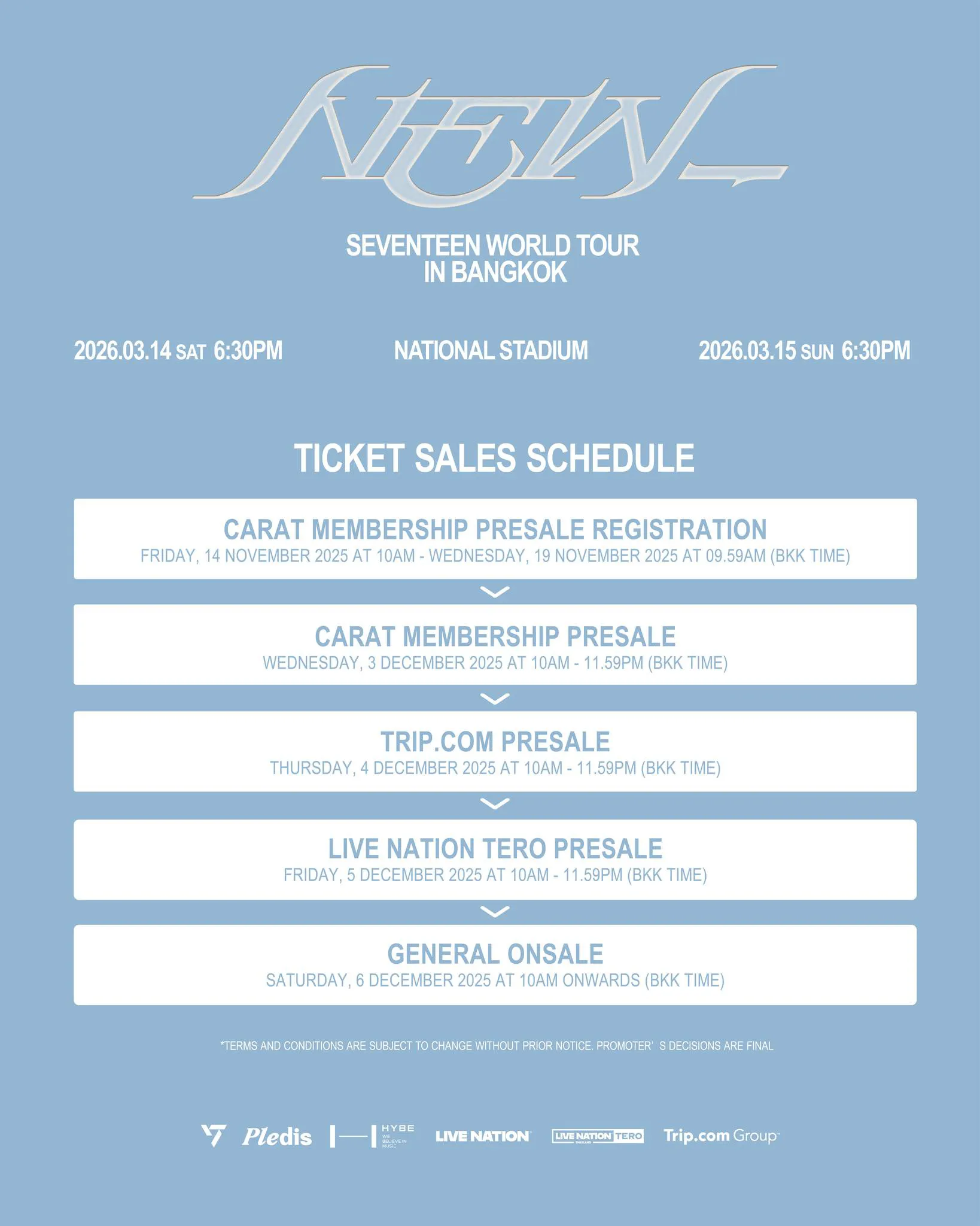 Ticket sales schedule for SEVENTEEN World Tour in Bangkok, featuring presale details and event dates.