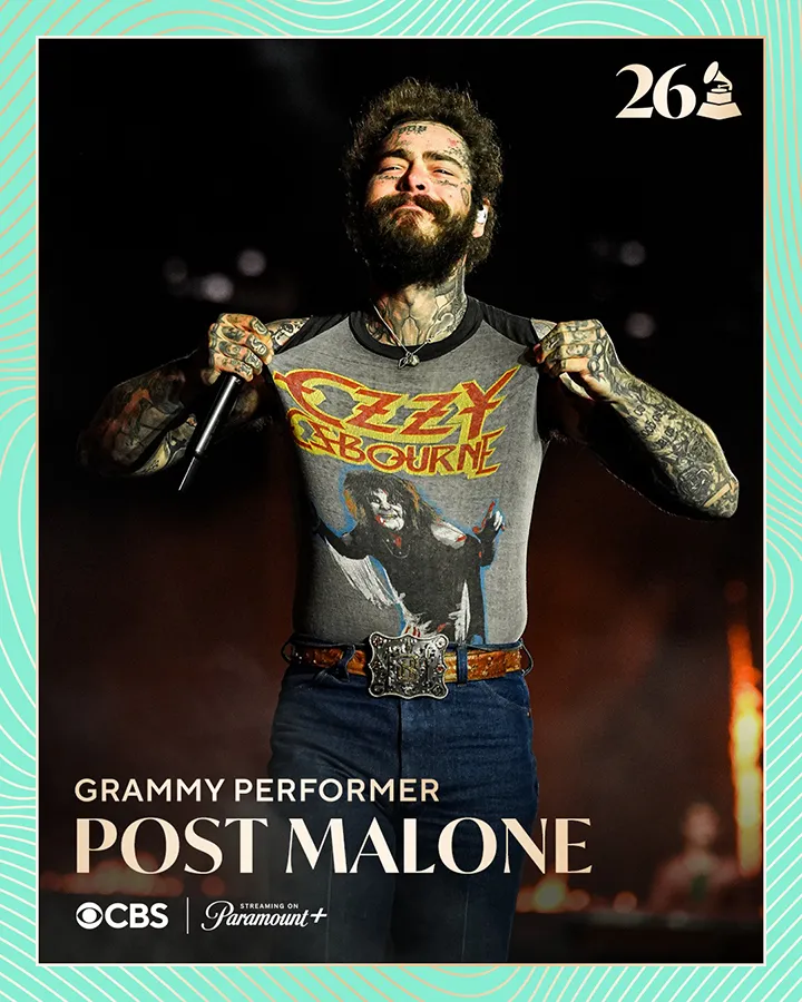 Post Malone performing on stage, wearing an Ozzy Osbourne t-shirt and showcasing his tattoos.