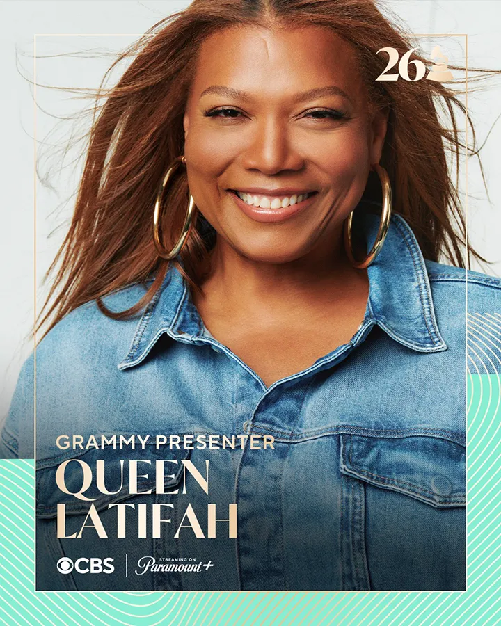 A smiling woman with long hair wearing a denim shirt and large hoop earrings, promoting her role as a Grammy presenter.