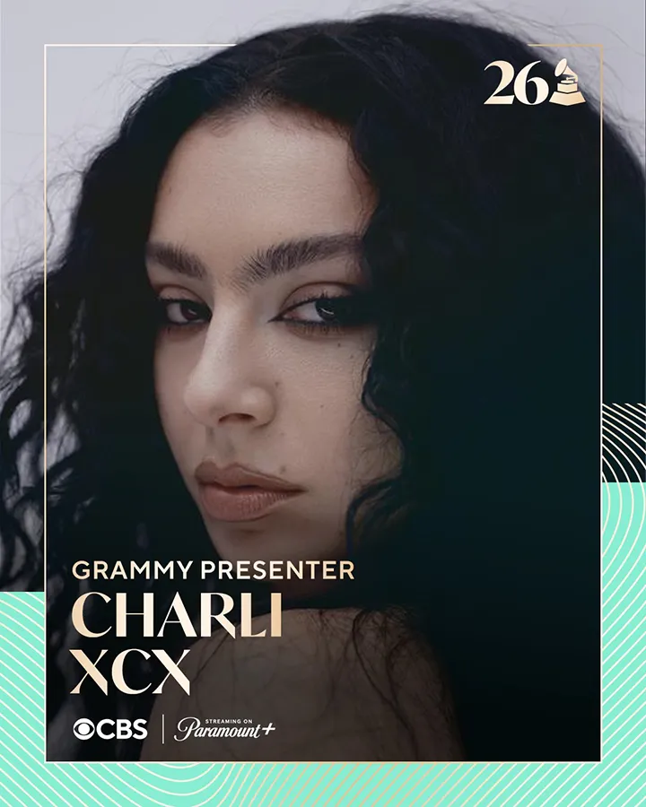 Close-up portrait of Charli XCX, a Grammy presenter, featuring her wavy black hair and neutral makeup, with a graphic overlay indicating the event and network.