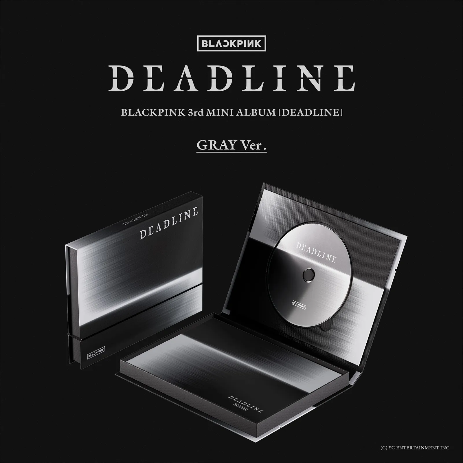 Blackpink's 3rd mini album 'DEADLINE' in GRAY version, featuring a sleek black and gray packaging design and the album CD inside.