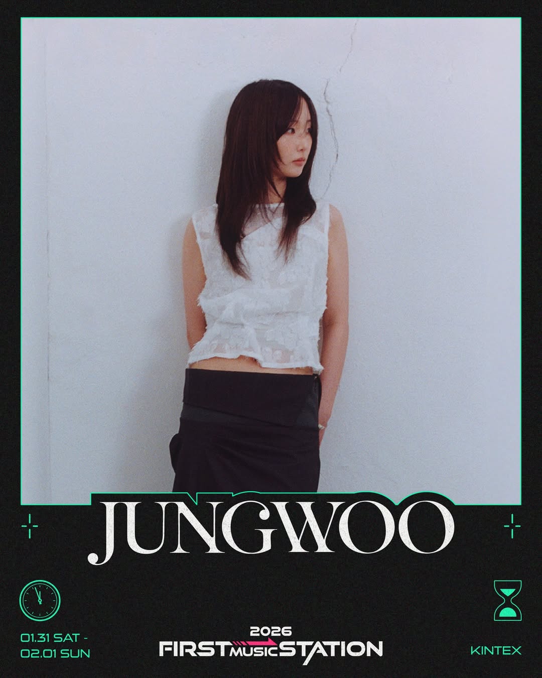 A young woman wearing a white lace top and a black skirt stands against a cracked white wall, looking off to the side. Event details for 'Jungwoo' at First Music Station on January 31 - February 1, 2026, are displayed at the bottom.