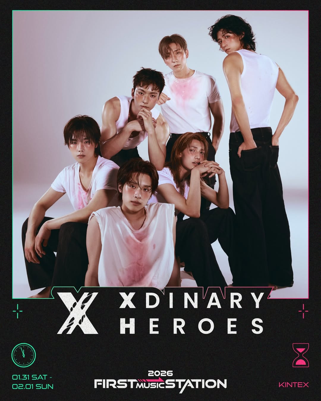 A group of six people posing in casual, distressed white clothing against a light background. They appear serious and are arranged in a dynamic layout, with some sitting and others standing. The image includes promotional text for 'X Dinary Heroes' and event details.