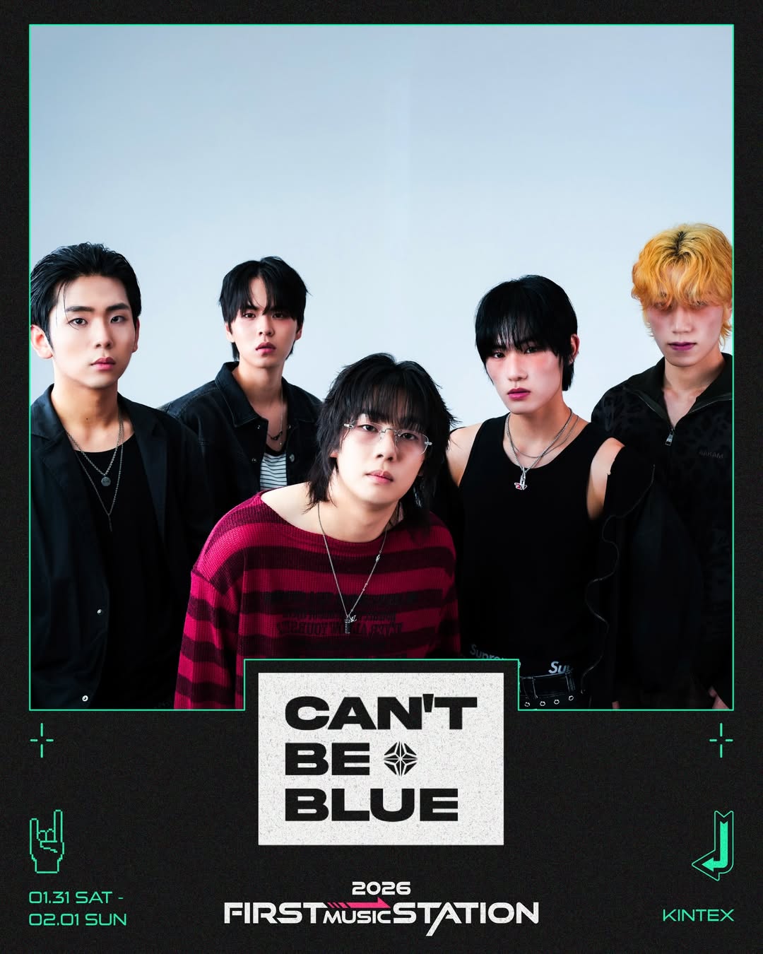 A group of five young men posing together, each wearing stylish outfits with varying hairstyles. The background is light, and the image features text promoting a music event titled 'CAN'T BE BLUE' with the dates and venue details.