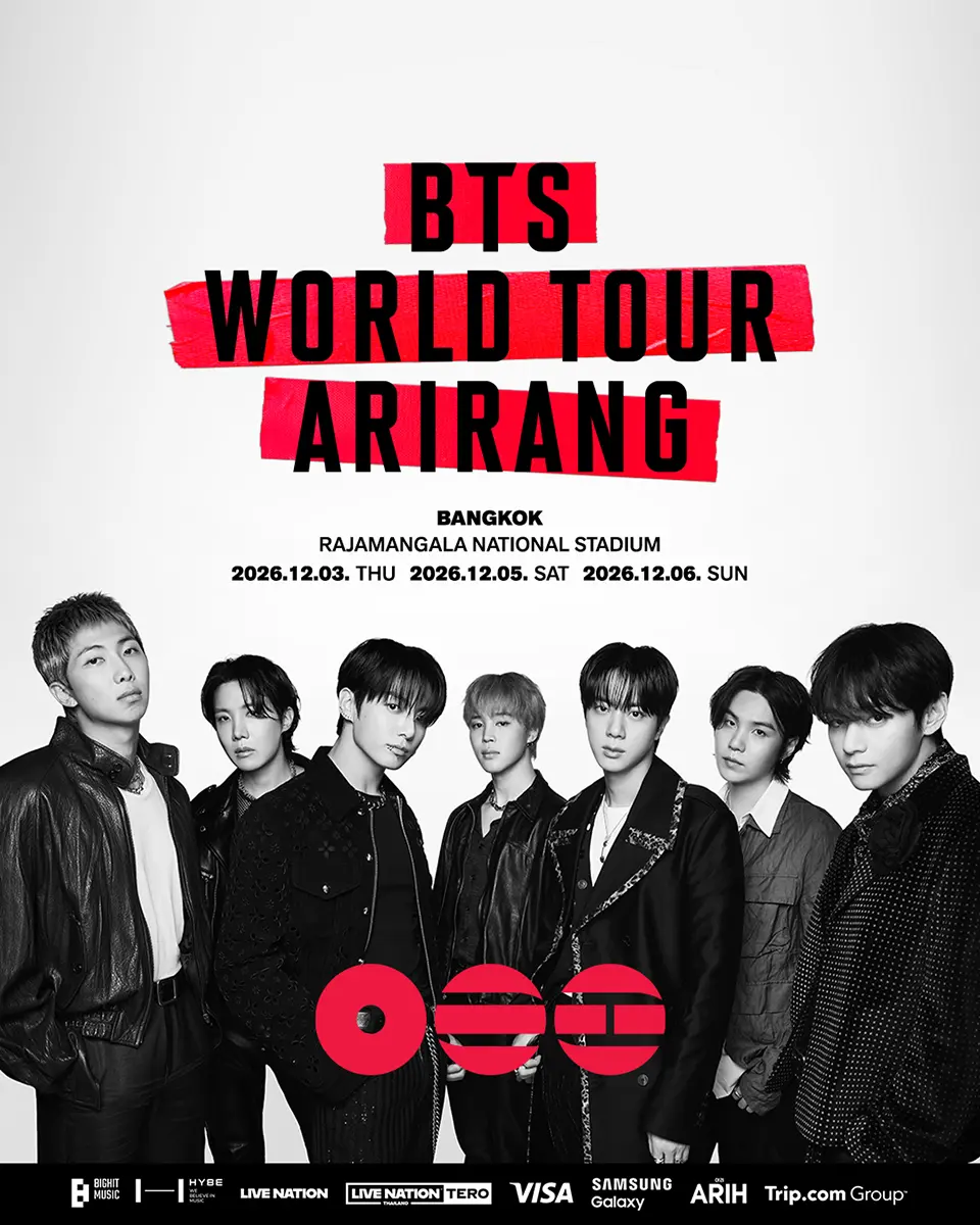 BTS ARIRANG Bangkok Thailand 2026. Promotional poster for BTS World Tour 'Arirang' featuring the group members in black outfits against a white background, with event details including dates and venue in Bangkok.