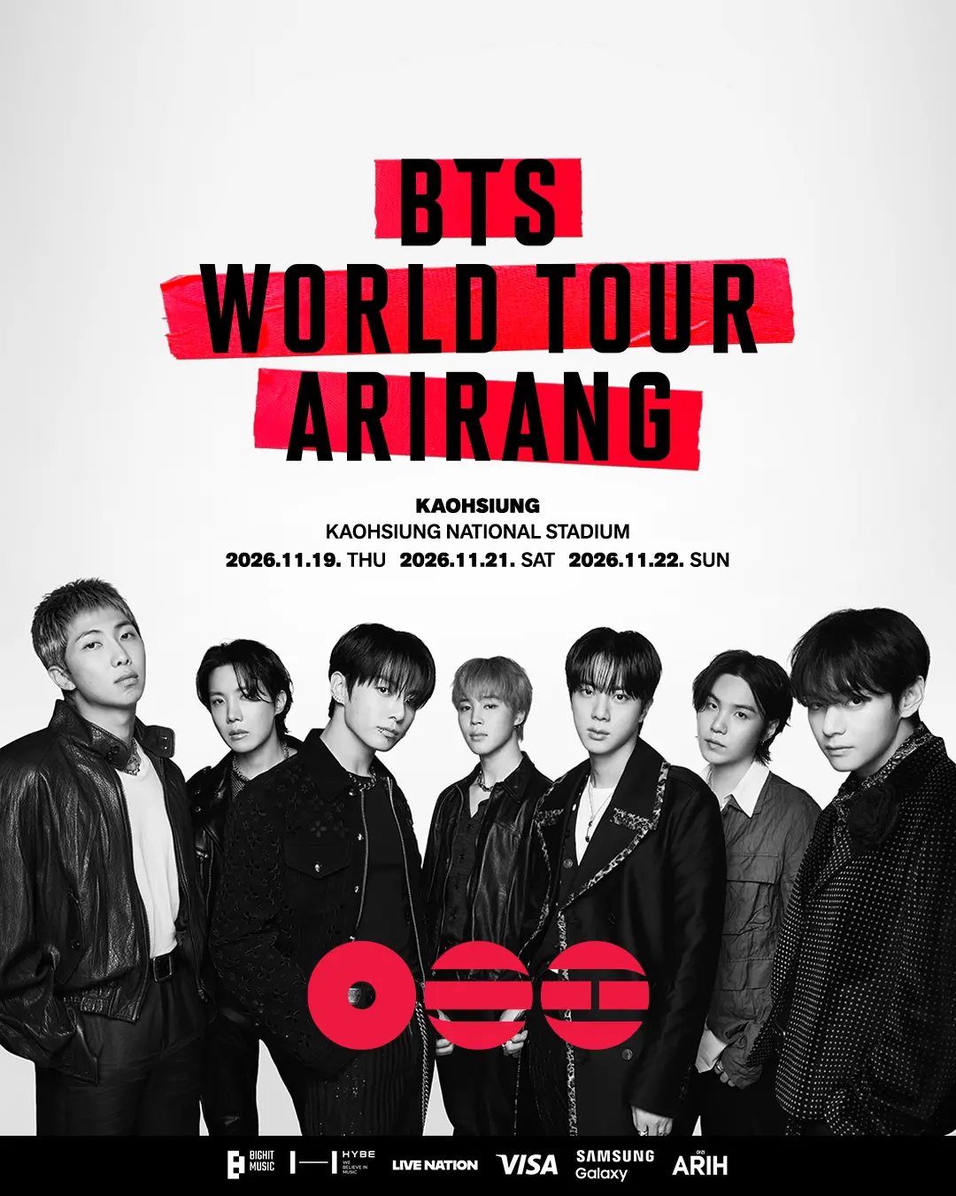 Promotional poster for BTS World Tour 'Arirang' featuring the seven members of BTS. Details include concert dates and location: Kaohsiung National Stadium, November 19, 21, and 22, 2026.