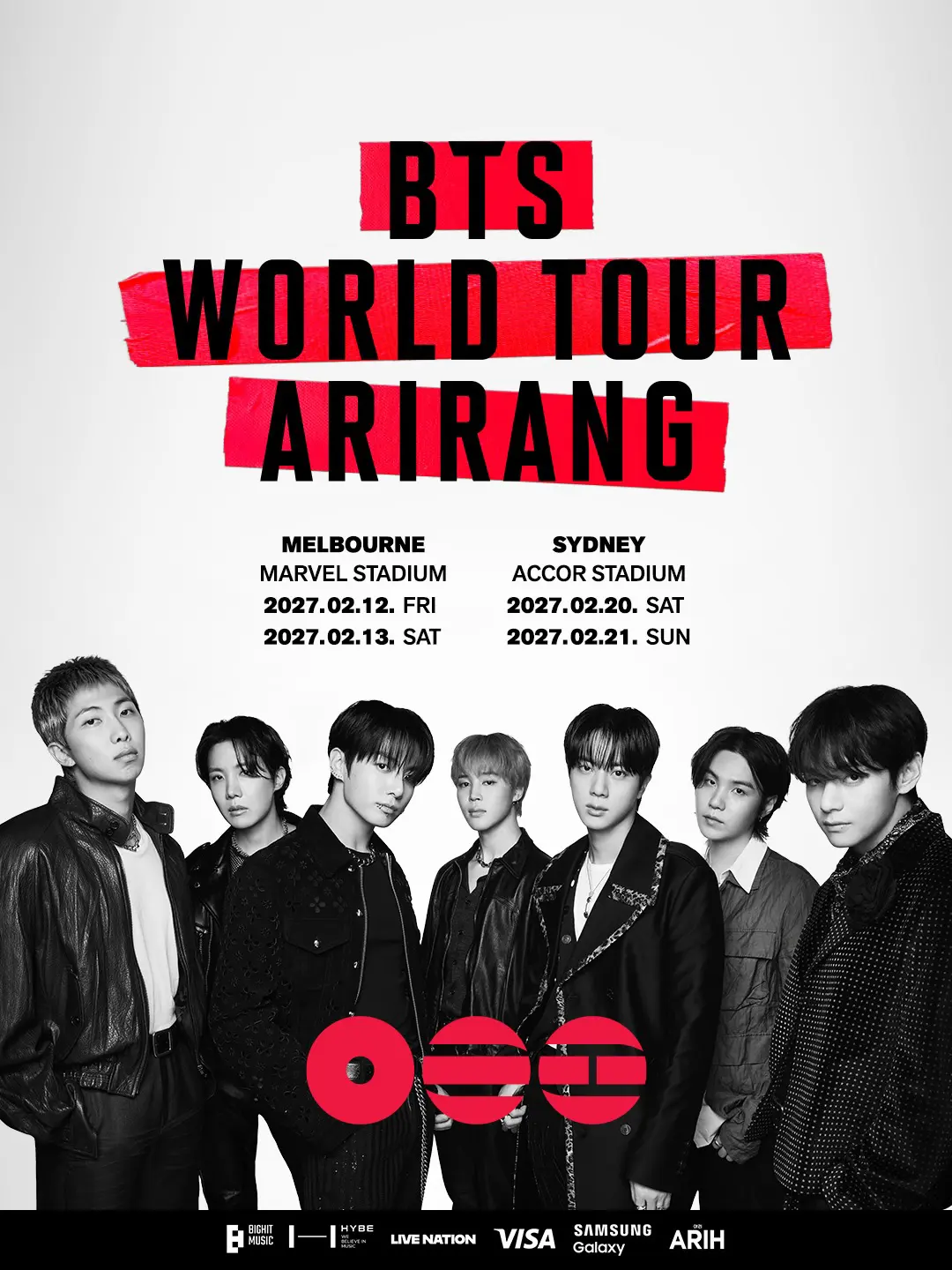 Promotional image for BTS World Tour 'Arirang' featuring the band members in black outfits, with concert dates and locations listed for Melbourne and Sydney.