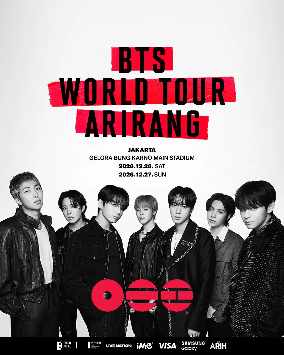 Promotional image for BTS World Tour 'Arirang' featuring the seven members of BTS, with event details for concerts in Jakarta on December 26 and 27, 2026.