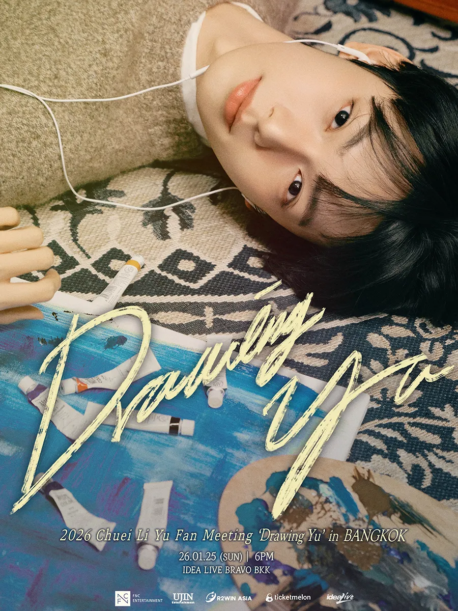 Promotional image for the 2026 Chuei Li Yu Fan Meeting titled 'Drawing Yu' in Bangkok, featuring a young man reclining with earphones, surrounded by art supplies.