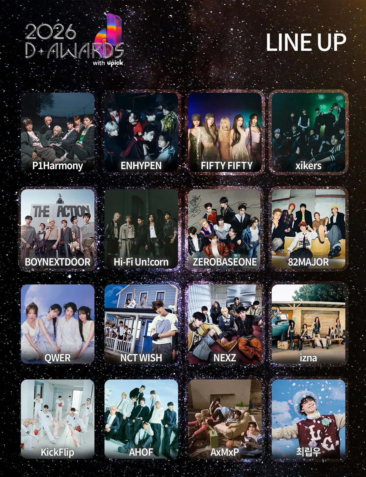 2026 D Awards Full lineup: ENHYPEN, ZEROBASEONE, P1Harmony, xikers, AHOF, BOYNEXTDOOR, 82 MAJOR, izna, QWER, NCT WISH, NEXZ, KickFlip, AxMxP, CHUEI LI YU, FIFTY FIFTY, Hi-Fi Un!corn