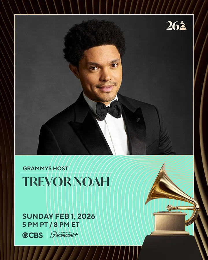 Promotional image for the Grammy Awards featuring Trevor Noah as the host, with a Grammy trophy and event details.