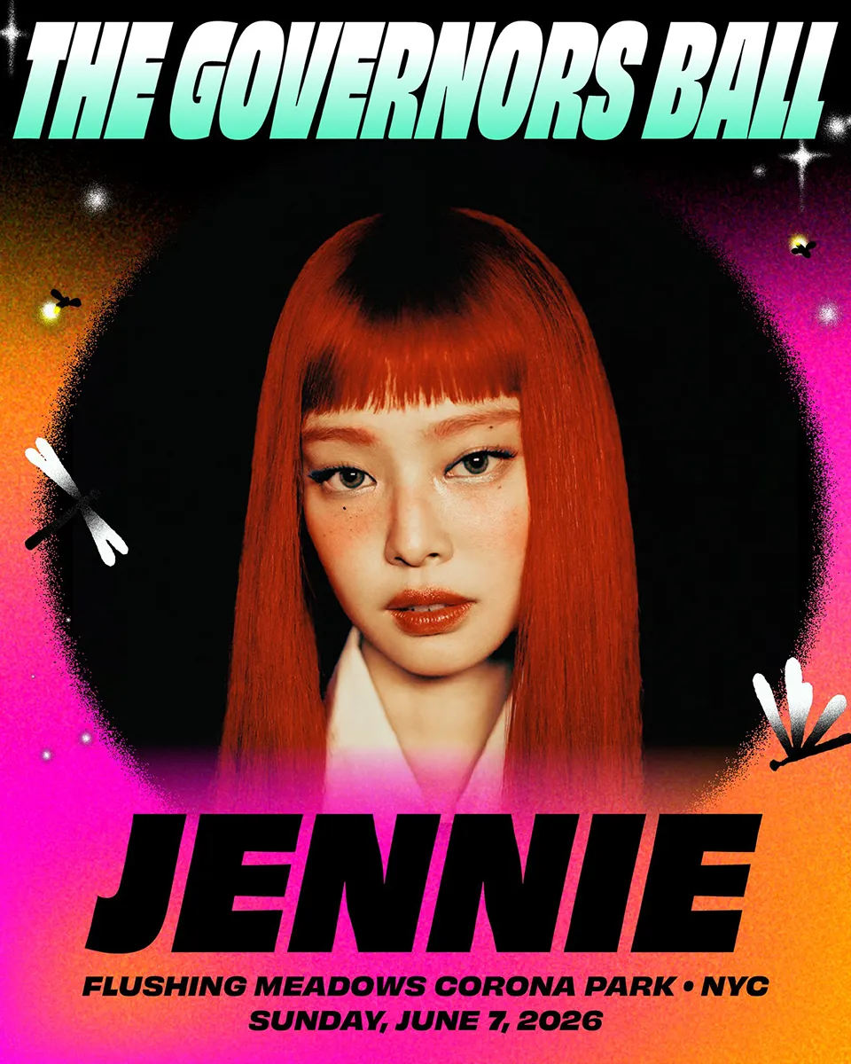 Promotional poster for The Governors Ball announcing Jennie's performance on June 7, 2026, at Flushing Meadows Corona Park in NYC.