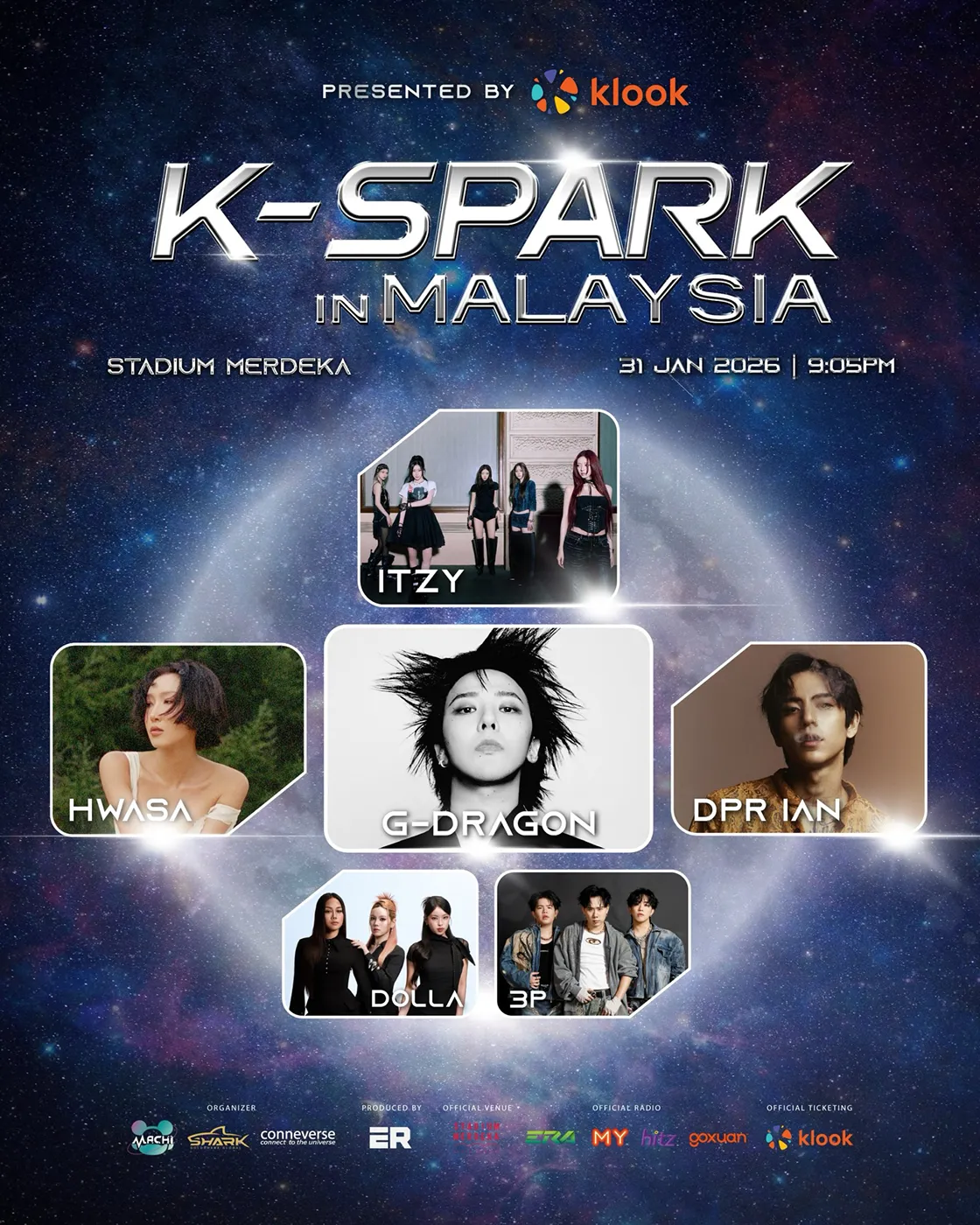 Lineup K-SPARK Malaysia 2026 on January 31, 2026 at Stadium Merdeka, Kuala Lumpur: G-DRAGON, HWASA, ITZY, DPR IAN, DOLLA, 3P