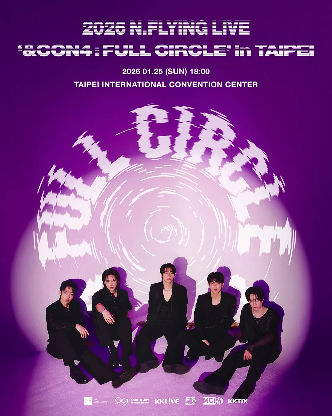 Promotional poster for N.Flying's live concert titled 'FULL CIRCLE' in Taipei on January 25, 2026, featuring five band members seated against a purple backdrop with swirling text.