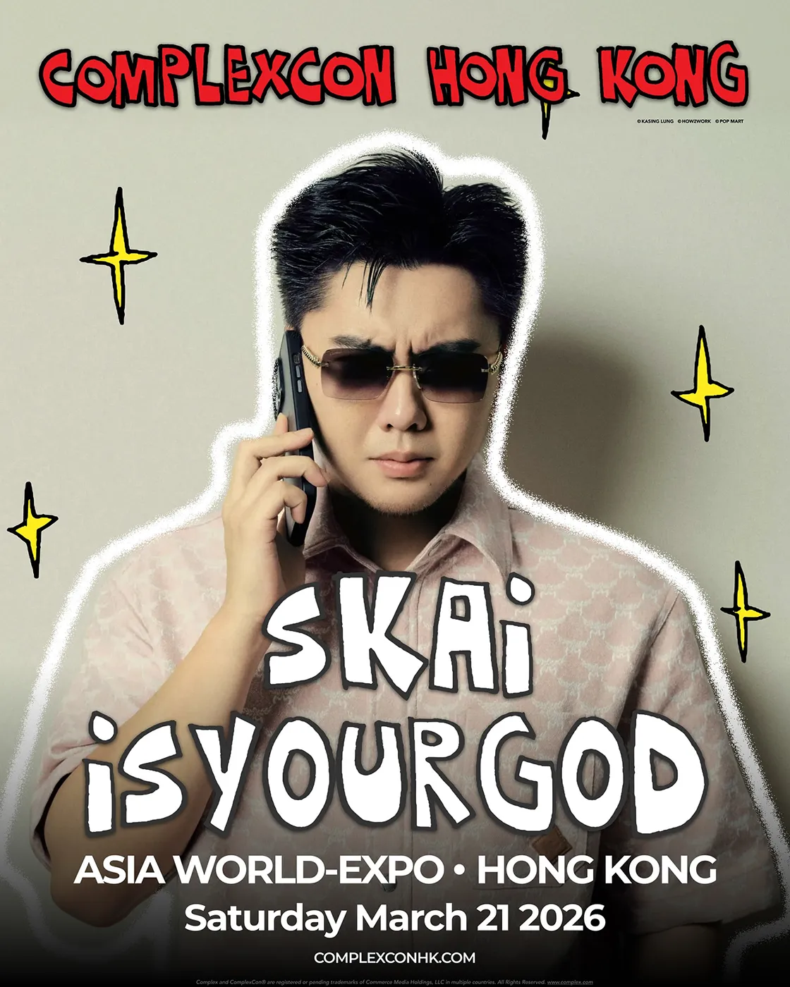 A person wearing sunglasses and a patterned shirt speaking on a phone against a light background, with bold text promoting ComplexCon Hong Kong on March 21, 2026.