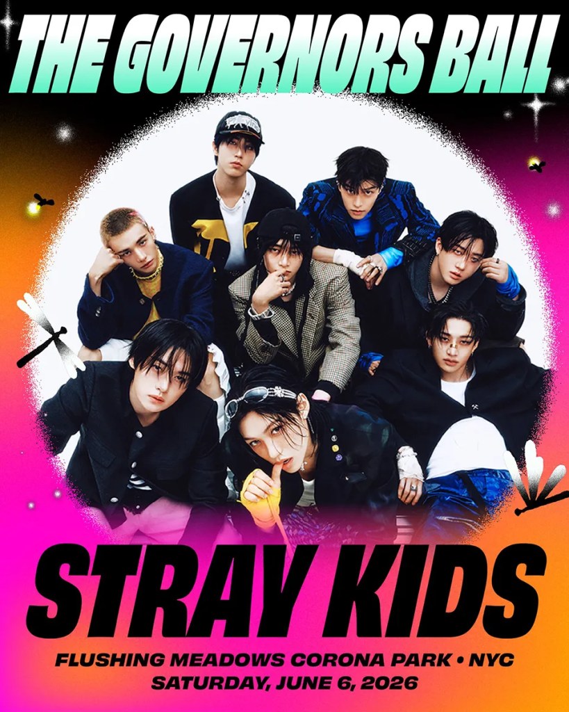 Promotional poster for The Governors Ball announcing Stray Kids's performance on June 6, 2026, at Flushing Meadows Corona Park in NYC.