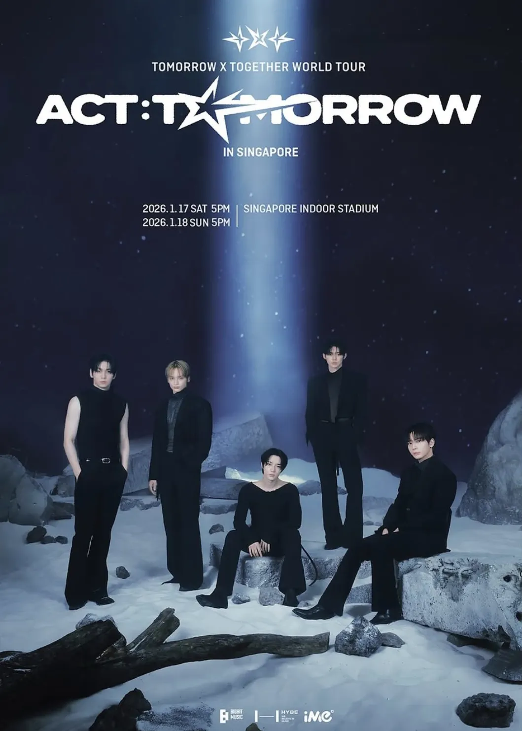 Promotional poster for TOMORROW X TOGETHER WORLD TOUR – ACT: TOMORROW, featuring the group in stylized outfits against a serene backdrop.