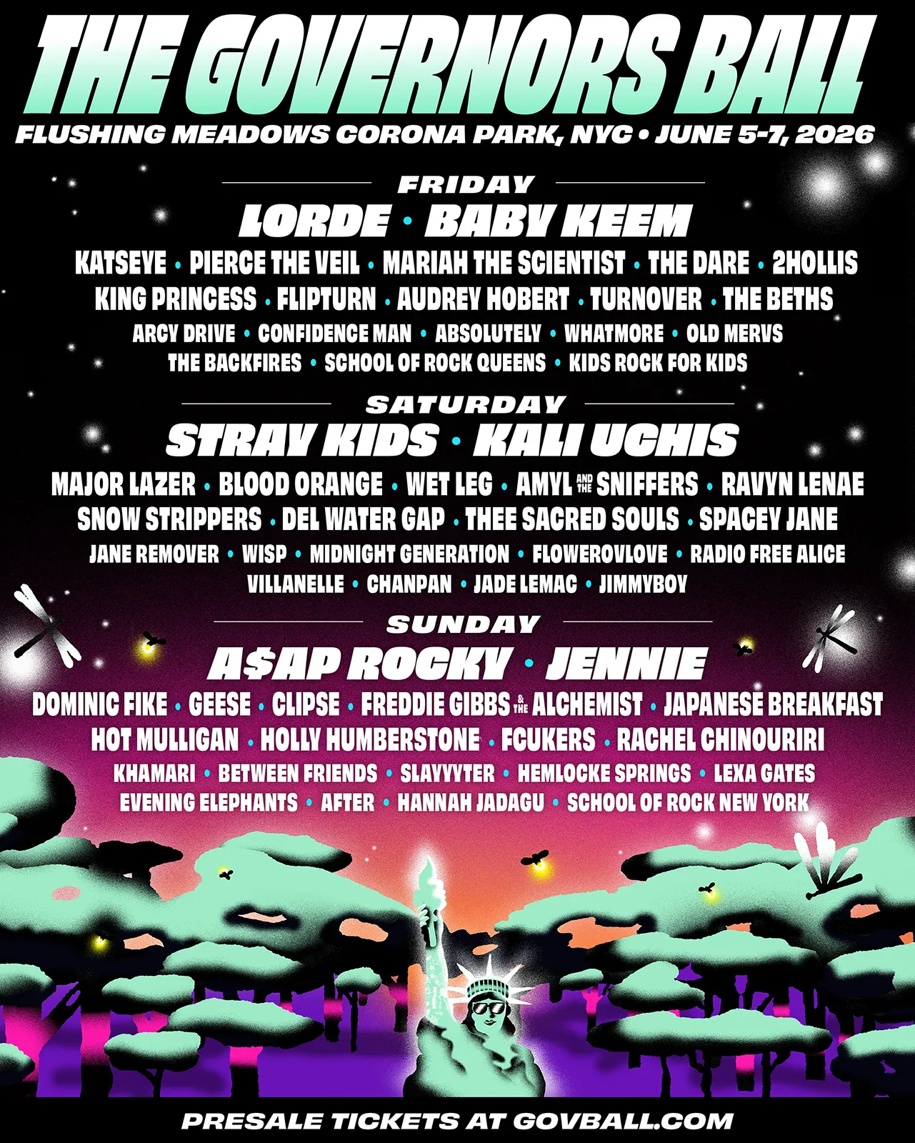 Event poster for The Governors Ball Music Festival 2026, featuring the lineup for each day including artists like Lorde, Baby Keem, Stray Kids, Kali Uchis, A$AP Rocky, and Jennie.