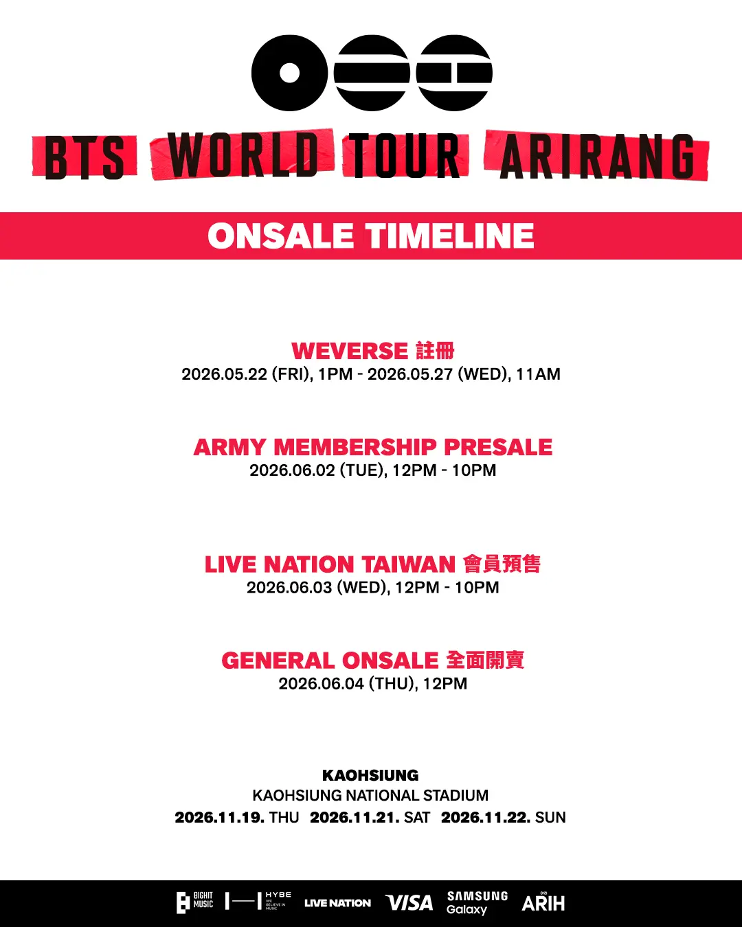 Ticket Sales Schedule BTS ARIRANG Kaohsiung Taiwan 2026 Ticket Sales Schedule BTS ARIRANG Kaohsiung Taiwan 2026