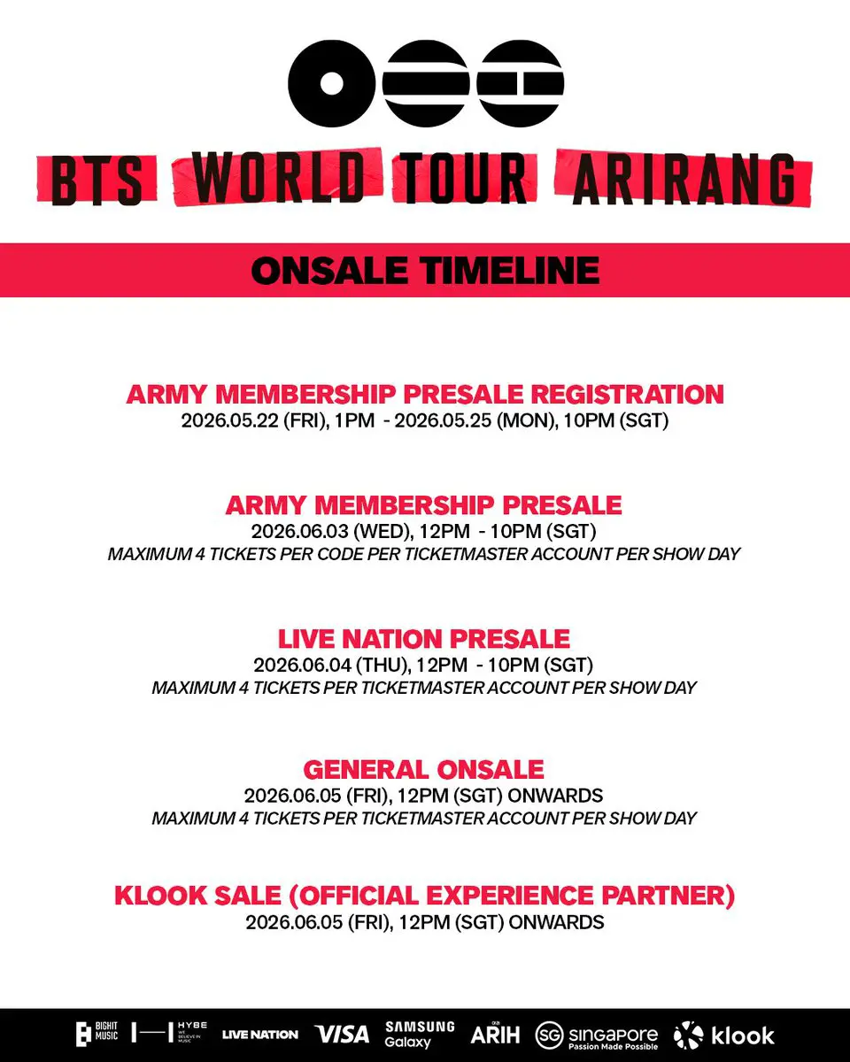 Ticket Sales Schedule BTS ARIRANG Tour Singapore 2026 Ticket Sales Schedule BTS ARIRANG Tour Singapore 2026